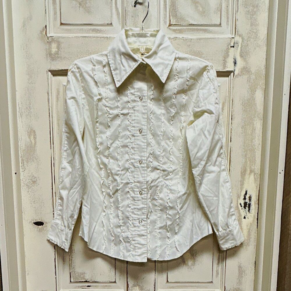 Vtg Melray White Lace Accent Collared Button-Up Long Sleeve Blouse Women S 34